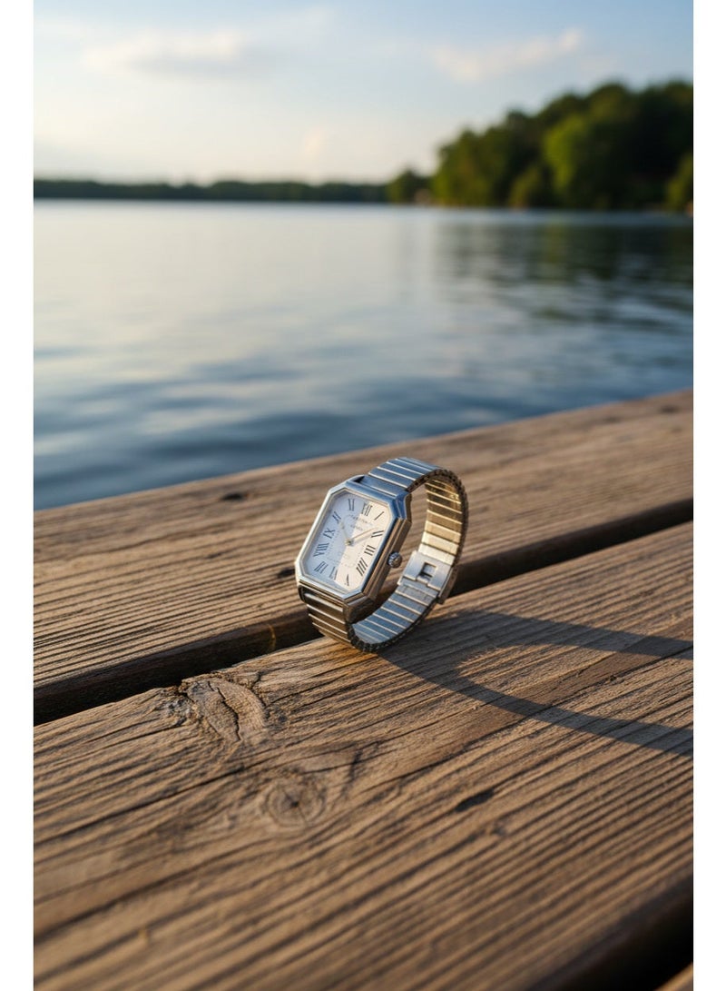 Shein Women’s Rectangular Silver Stainless Steel Watch with White Dial and Roman Numerals - Image 3